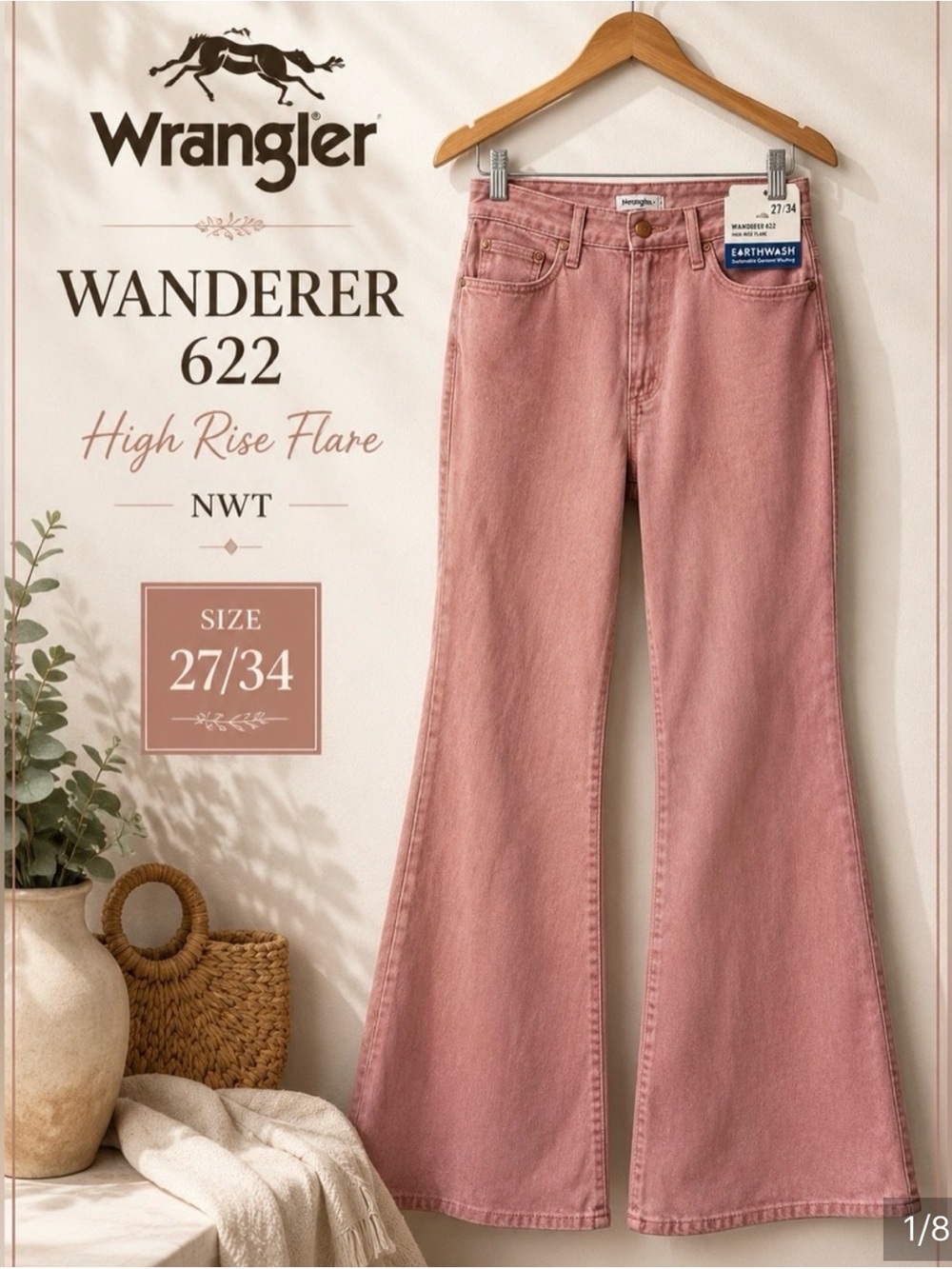 Wrangler Wanderer 622 High Rise Flare Jeans Rose Pink Earthwash W27 L34 NWT